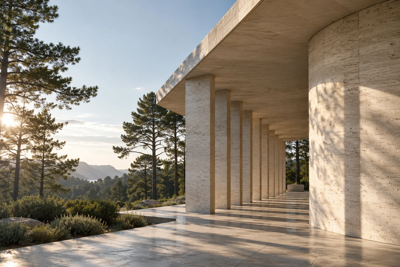 Conceptual stone colonnade framed by pine trees and morning light